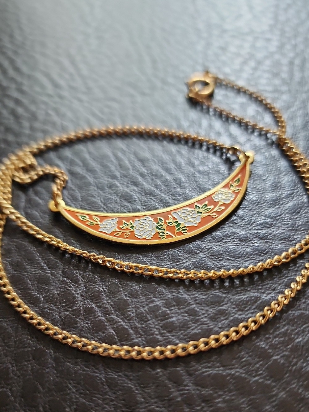 VTG Gold-Tone Floral Crescent Pendant Necklace - Orange Enamel